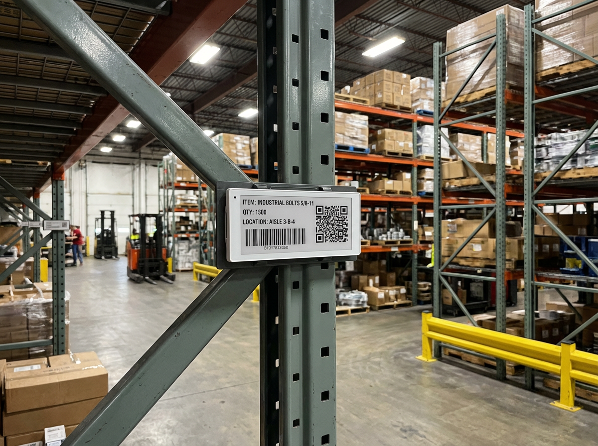 ESL E-Ink Labels in Industrial Warehouse Logistics - inventory management tags for picking zones bin locations stock tracking
